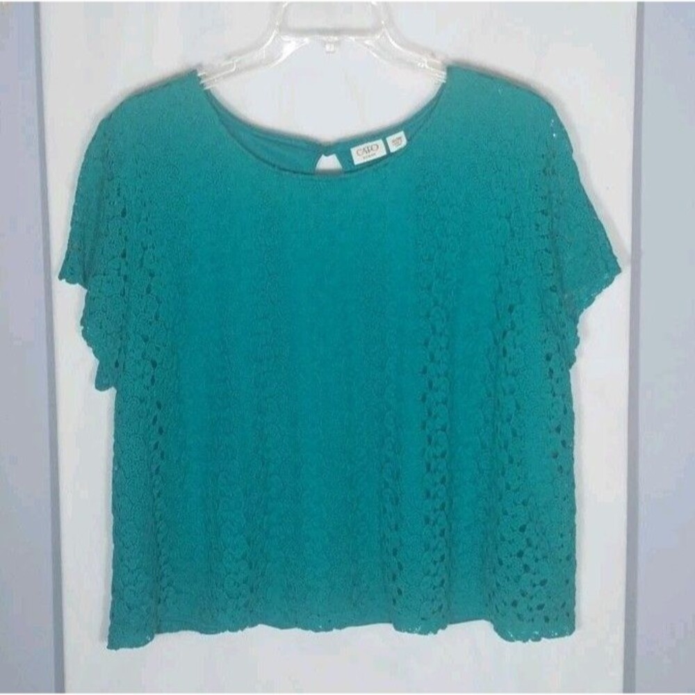 Cato Womens Plus 26/28W Teal Crochet Lace Overlay Top Lined Boho Keyhole Back